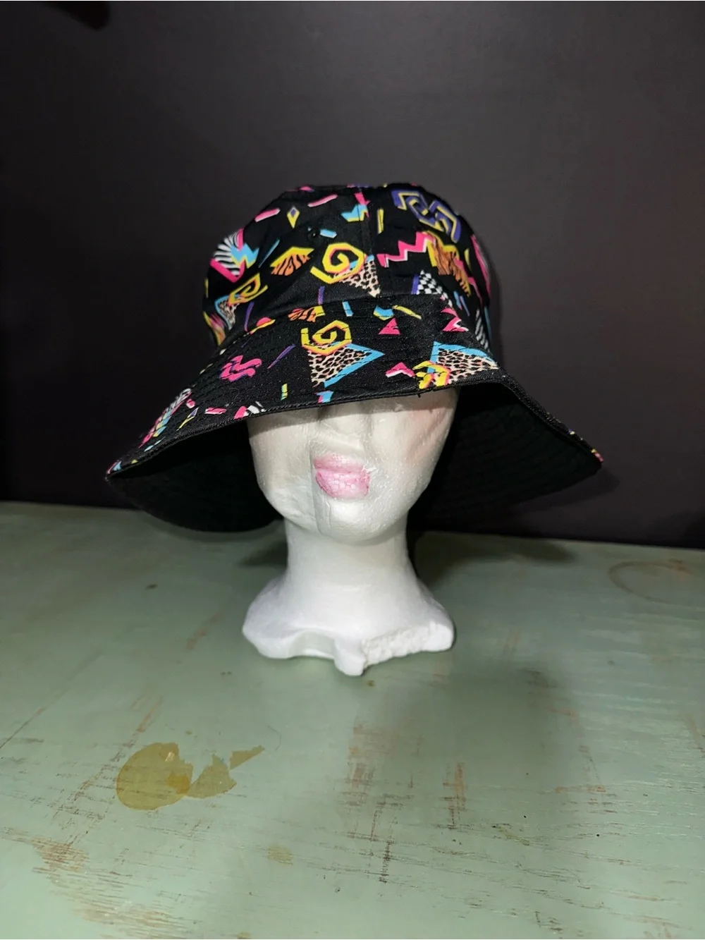 Black Bucket Hat with Neon Geometric Print, 90’s Y2K